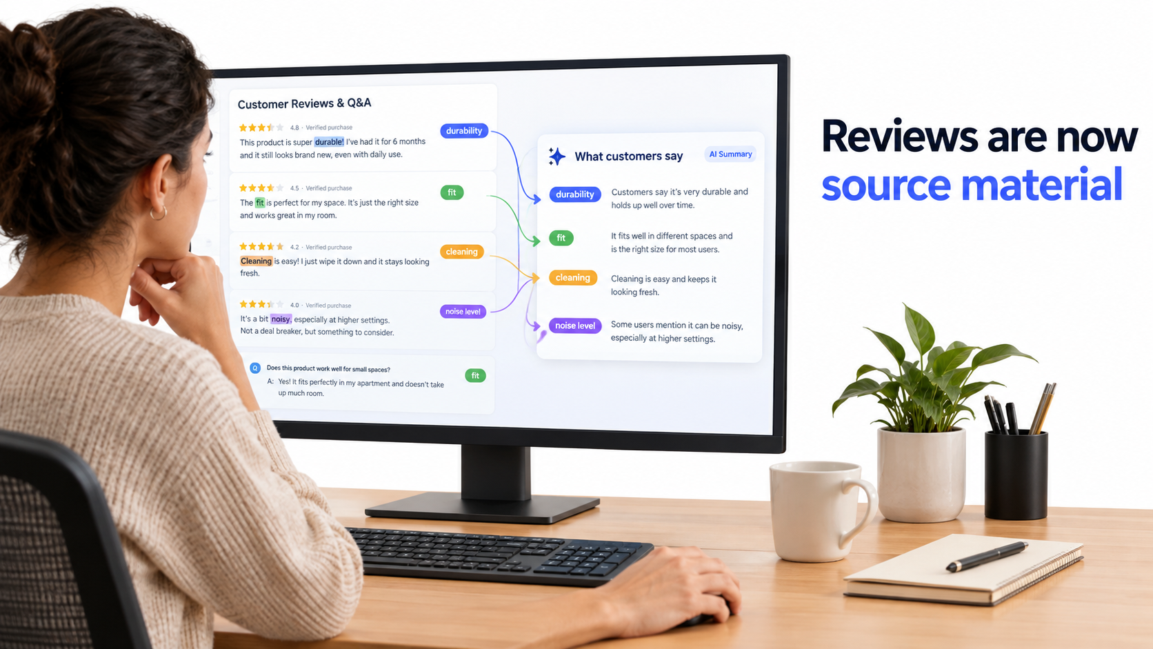 Seller reviewing customer reviews tagged by theme such as durability, fit, cleaning, and noise level, feeding into an AI summary labeled What customers say