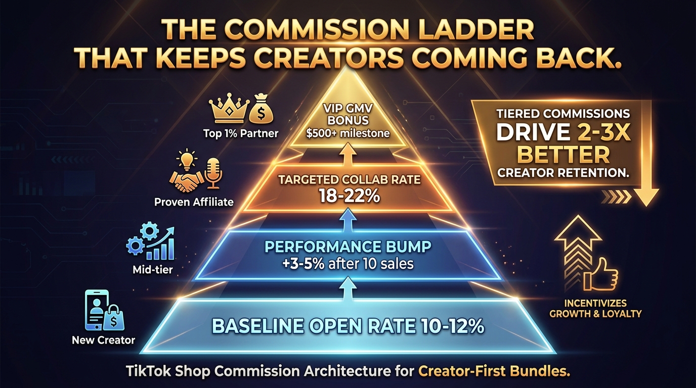 TikTok Shop commission ladder for creator-first affiliate bundles — tiered pyramid infographic