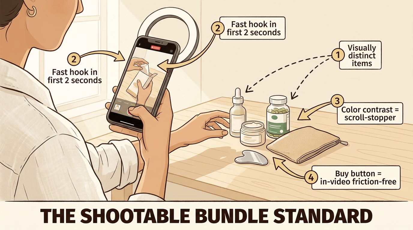 Creator filming TikTok unboxing video of lifestyle bundle — shootable bundle standard design principles