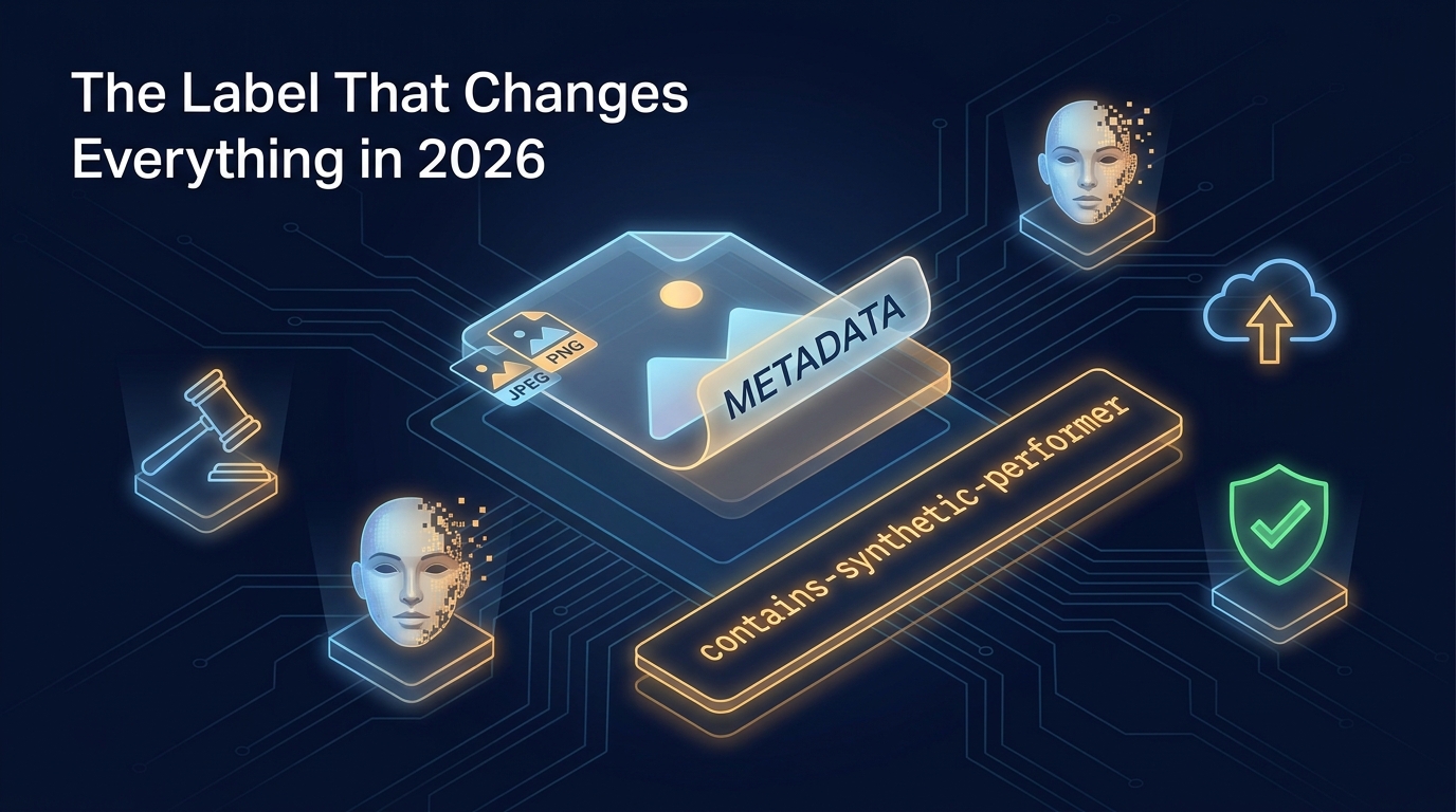 Technical diagram showing contains-synthetic-performer metadata label embedded in a digital image file, surrounded by legal, AI, and compliance icons