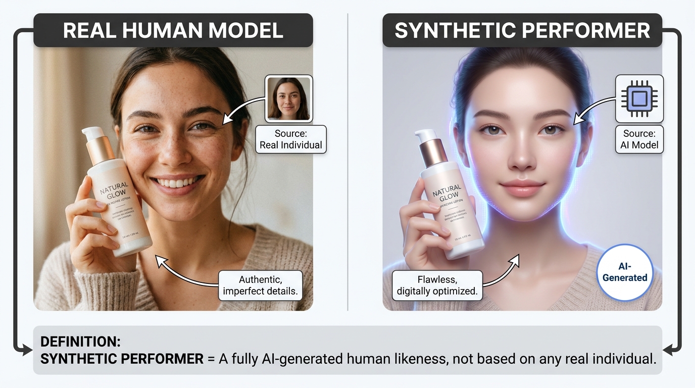 Side-by-side comparison of a real human model photograph and an AI-generated synthetic performer, showing the distinction with labeled annotations