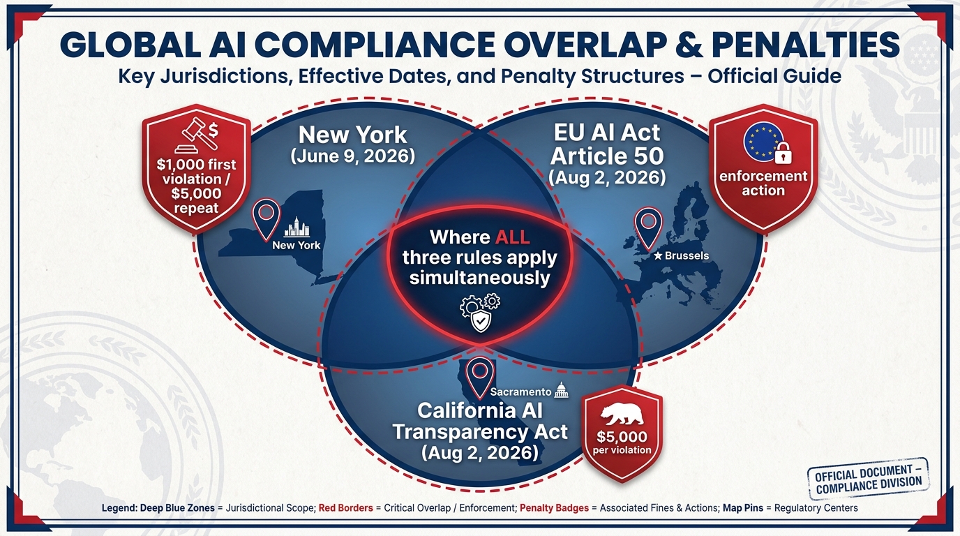 Legal compliance map showing overlapping jurisdiction requirements for synthetic performer disclosure — New York, EU AI Act, and California — with penalty amounts