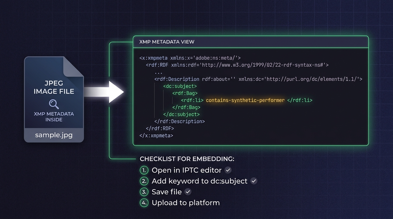 Technical diagram showing XMP metadata XML structure with the contains-synthetic-performer keyword in the dc:subject field, with step-by-step implementation checklist