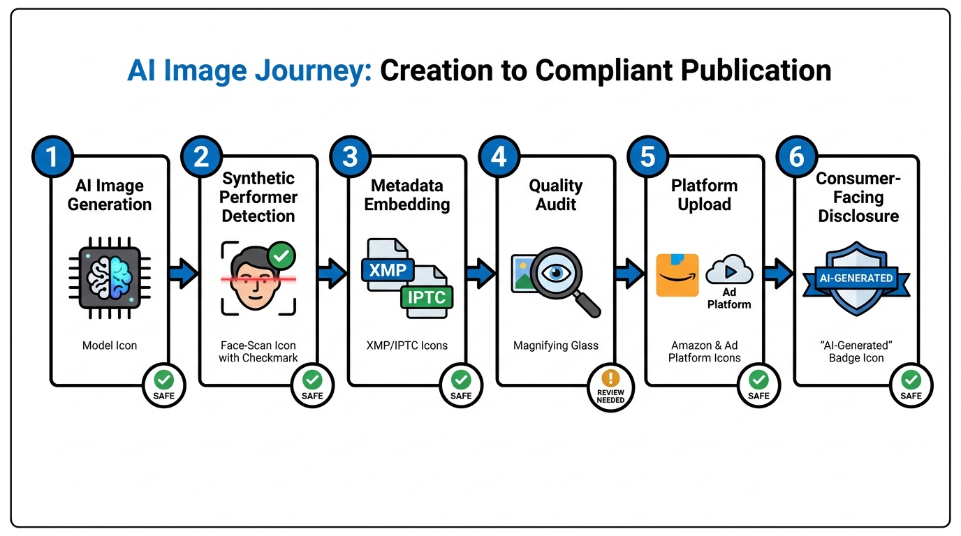 Six-stage workflow pipeline diagram for AI-generated image compliance, from generation through synthetic performer detection, metadata embedding, audit, upload, and consumer disclosure