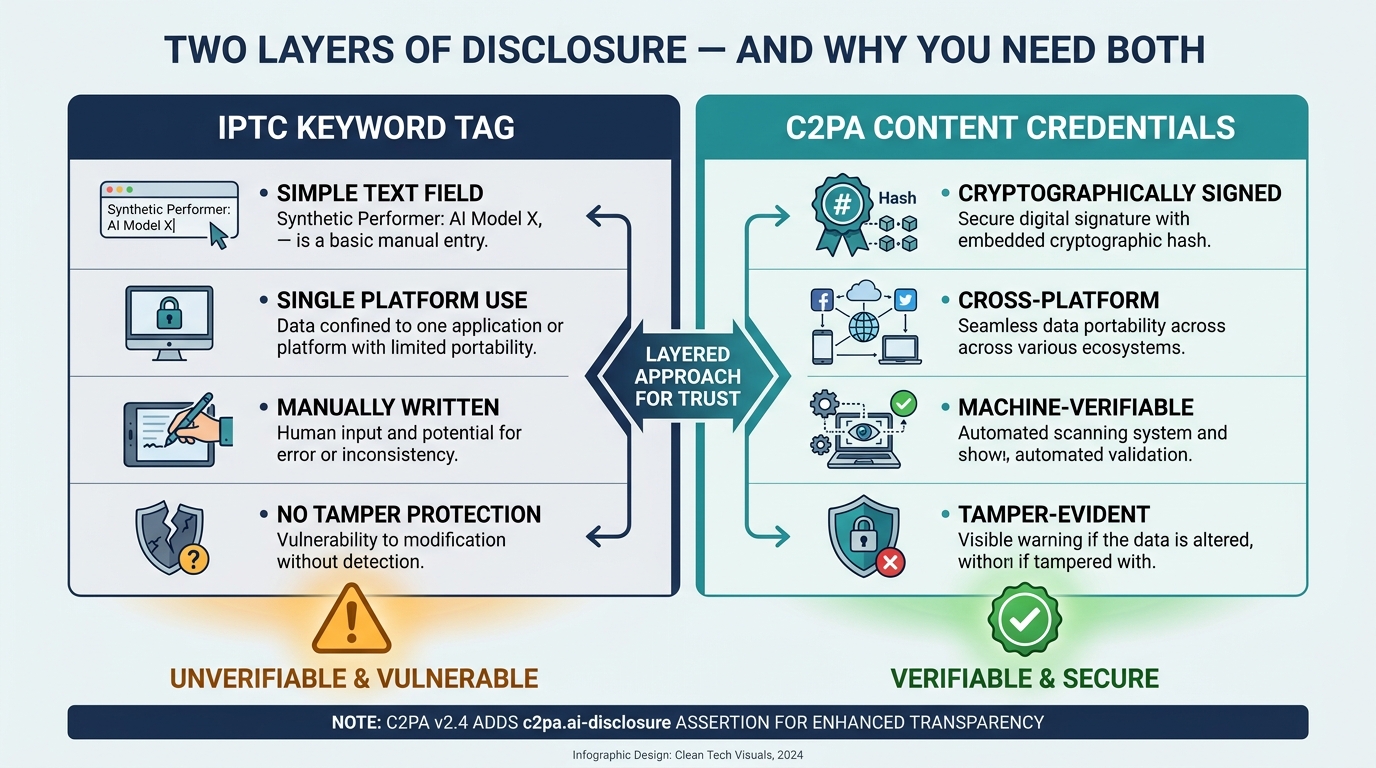 Infographic comparing IPTC keyword tagging vs C2PA Content Credentials for synthetic performer disclosure, showing the advantages of each approach