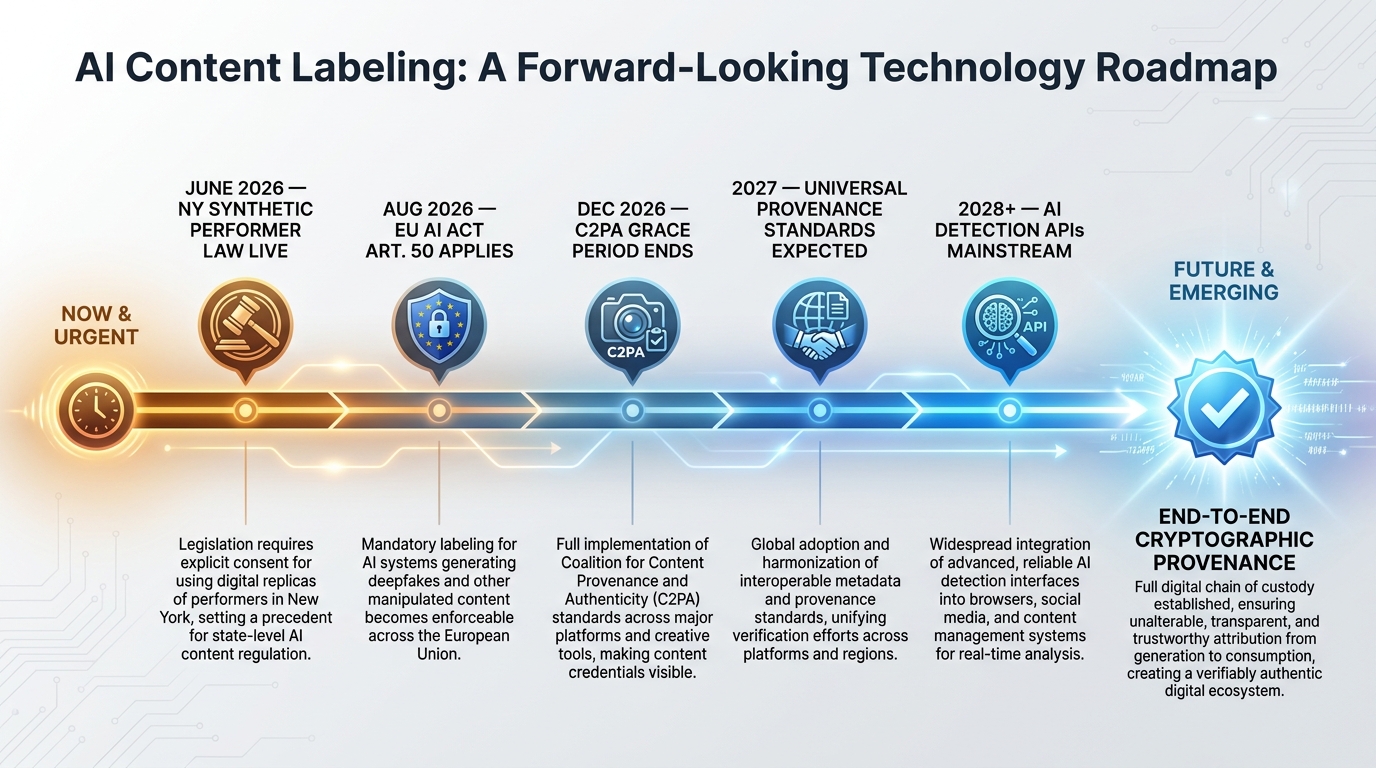 Timeline roadmap for AI content labeling milestones from mid-2026 through 2028, showing the progression from keyword tags to universal cryptographic provenance standards