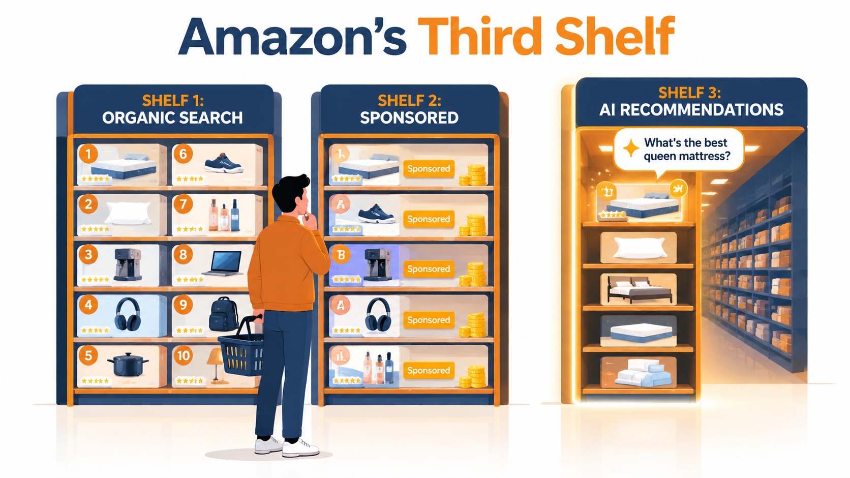 Illustration of three Amazon shelves labeled organic search, sponsored, and AI recommendations, with a seller looking only at the first two