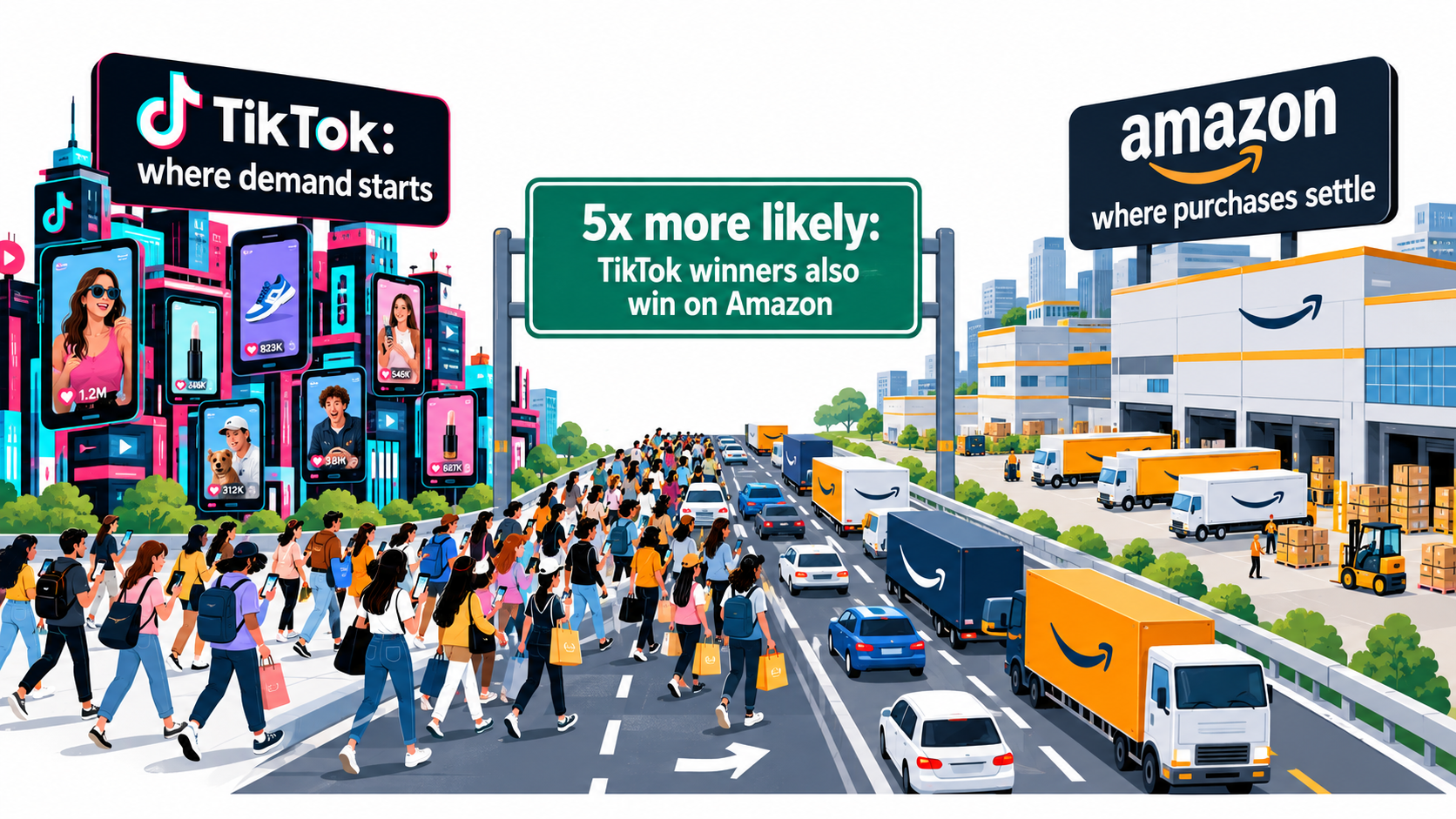 Illustration of a one-way road from TikTok where demand starts to Amazon where purchases settle
