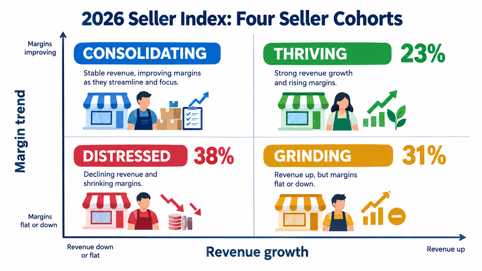 Four-quadrant chart of the 2026 Seller Index showing 23% thriving, 31% grinding, and 38% distressed Amazon sellers