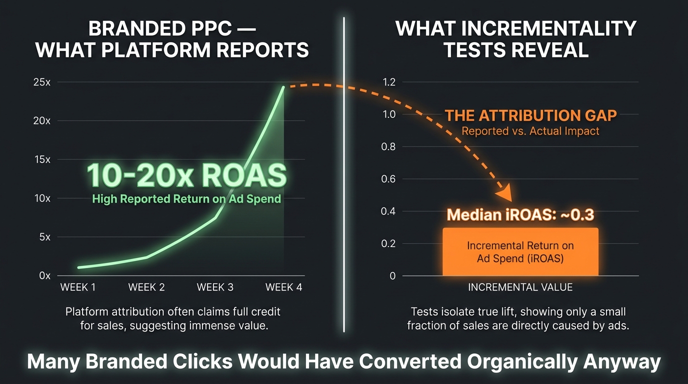 Branded PPC incrementality vs reported ROAS comparison — what platform dashboards show vs. what geo tests reveal