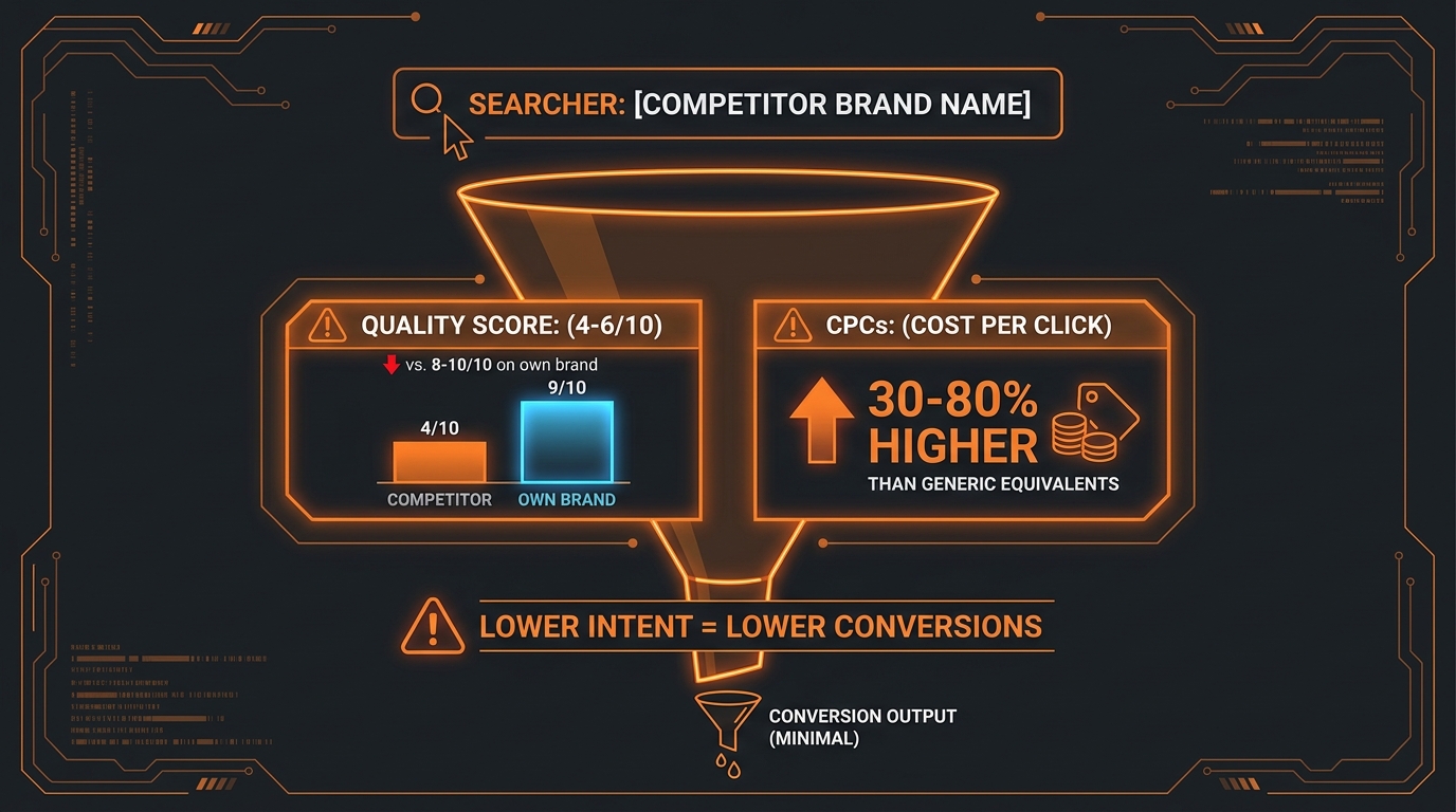 Competitor PPC keyword targeting cost trap — Quality Score penalties and 30-80% CPC premium explained
