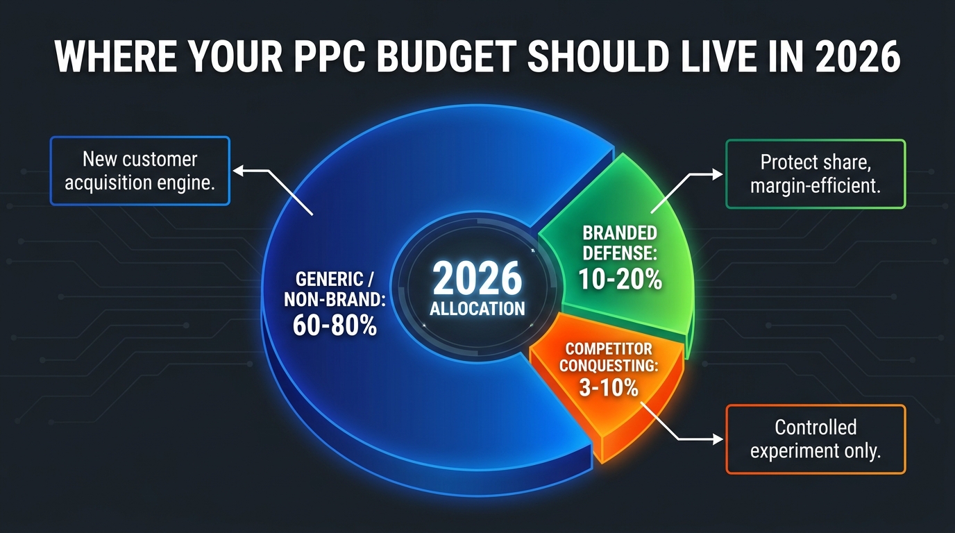 PPC budget allocation 2026 — branded 10-20%, competitor 3-10%, generic 60-80% pie chart recommendation