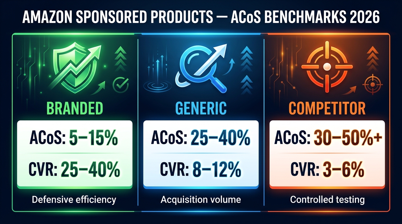 Amazon Sponsored Products ACoS benchmarks 2026 — Branded 5-15%, Generic 25-40%, Competitor 30-50%+ comparison table