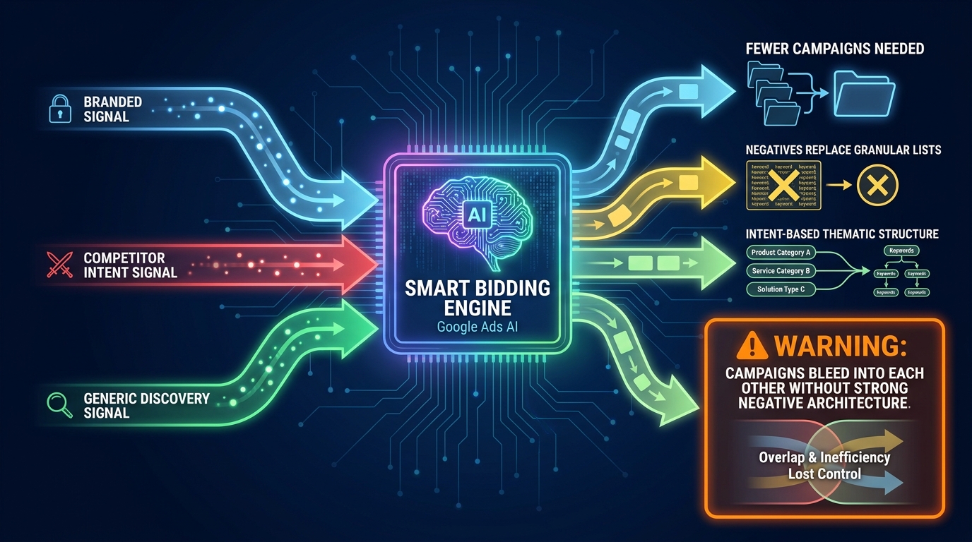 Google Ads AI Smart Bidding and broad match impact on PPC keyword segmentation strategy 2026 — systems diagram