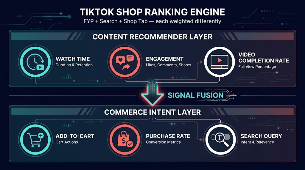 TikTok Shop two-layer ranking engine: Content Recommender Layer and Commerce Intent Layer fused into one signal stack