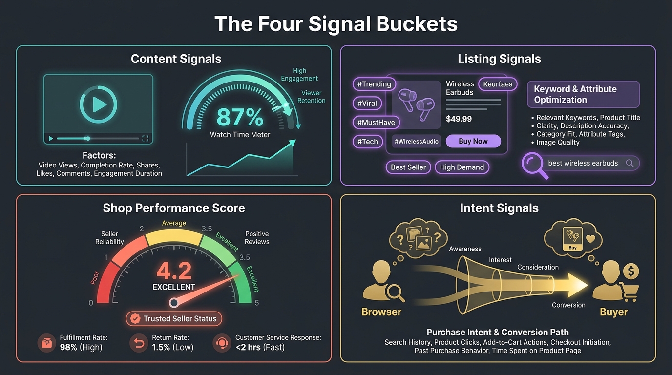 TikTok Shop's four AI signal buckets for product ranking: Content Signals, Listing Signals, Shop Performance Score, and Intent Signals
