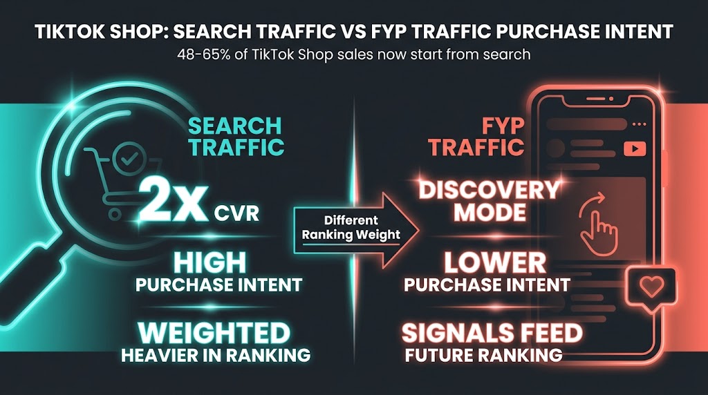 TikTok Shop search traffic vs FYP browse traffic comparison: search converts at 2x the rate and carries higher ranking weight
