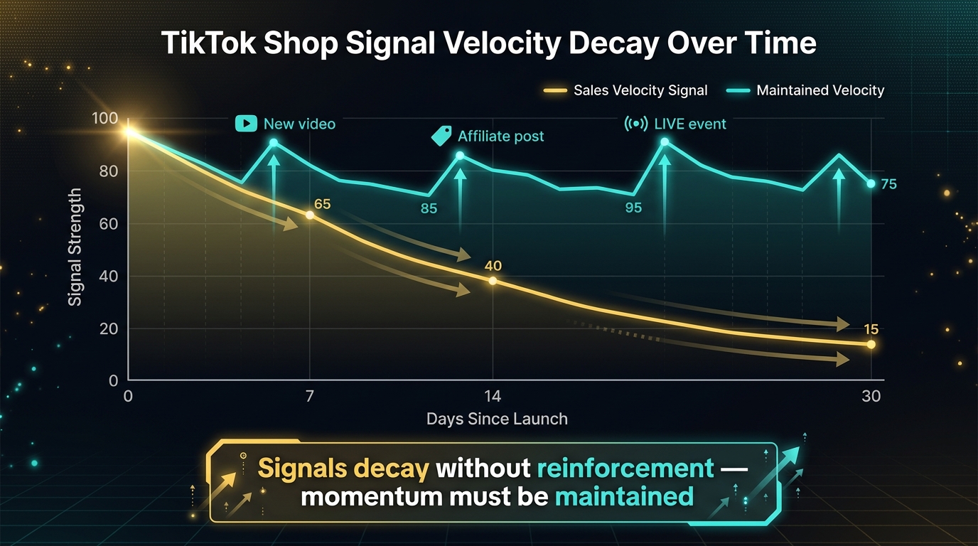 TikTok Shop signal velocity decay over time — sales velocity signal fades without reinforcement from new videos, affiliate posts, or LIVE events