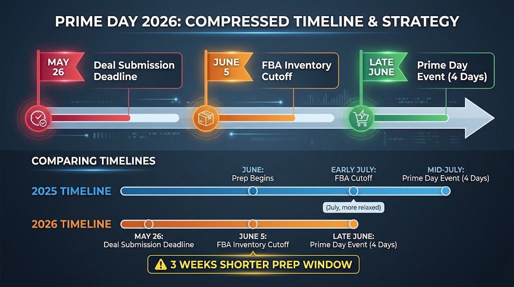 Prime Day 2026 compressed timeline infographic showing May 26 deal deadline and June 5 FBA cutoff