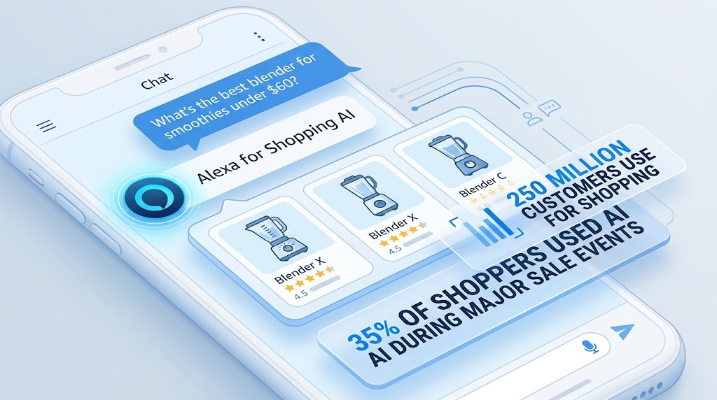 Amazon Alexa for Shopping AI assistant on mobile showing product recommendations to 250 million users