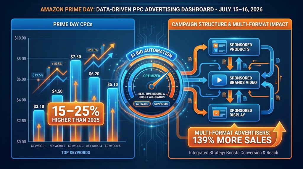 Amazon Prime Day 2026 PPC dashboard showing CPC ranges of $2.50-$8.00 and multi-format advertising 139% sales lift