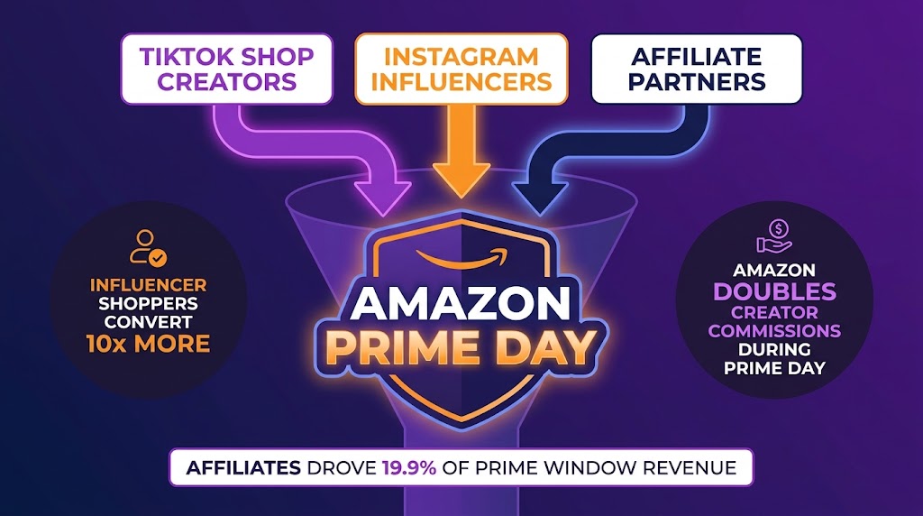 Off-Amazon affiliate and influencer traffic funnel driving Prime Day sales — TikTok, Instagram, affiliates converging
