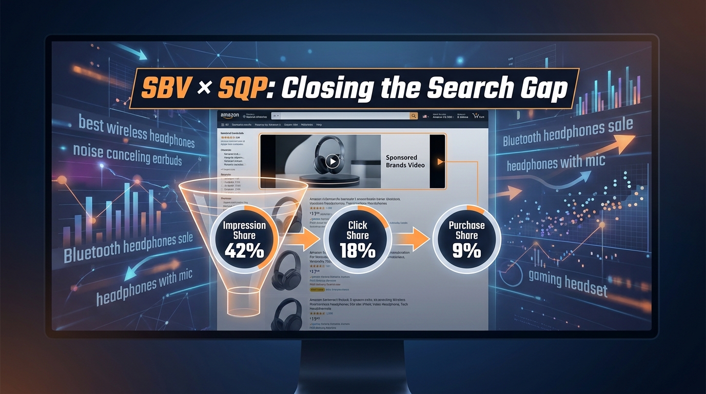 SBV and Search Query Performance dashboard showing funnel metrics: Impression Share, Click Share, Purchase Share