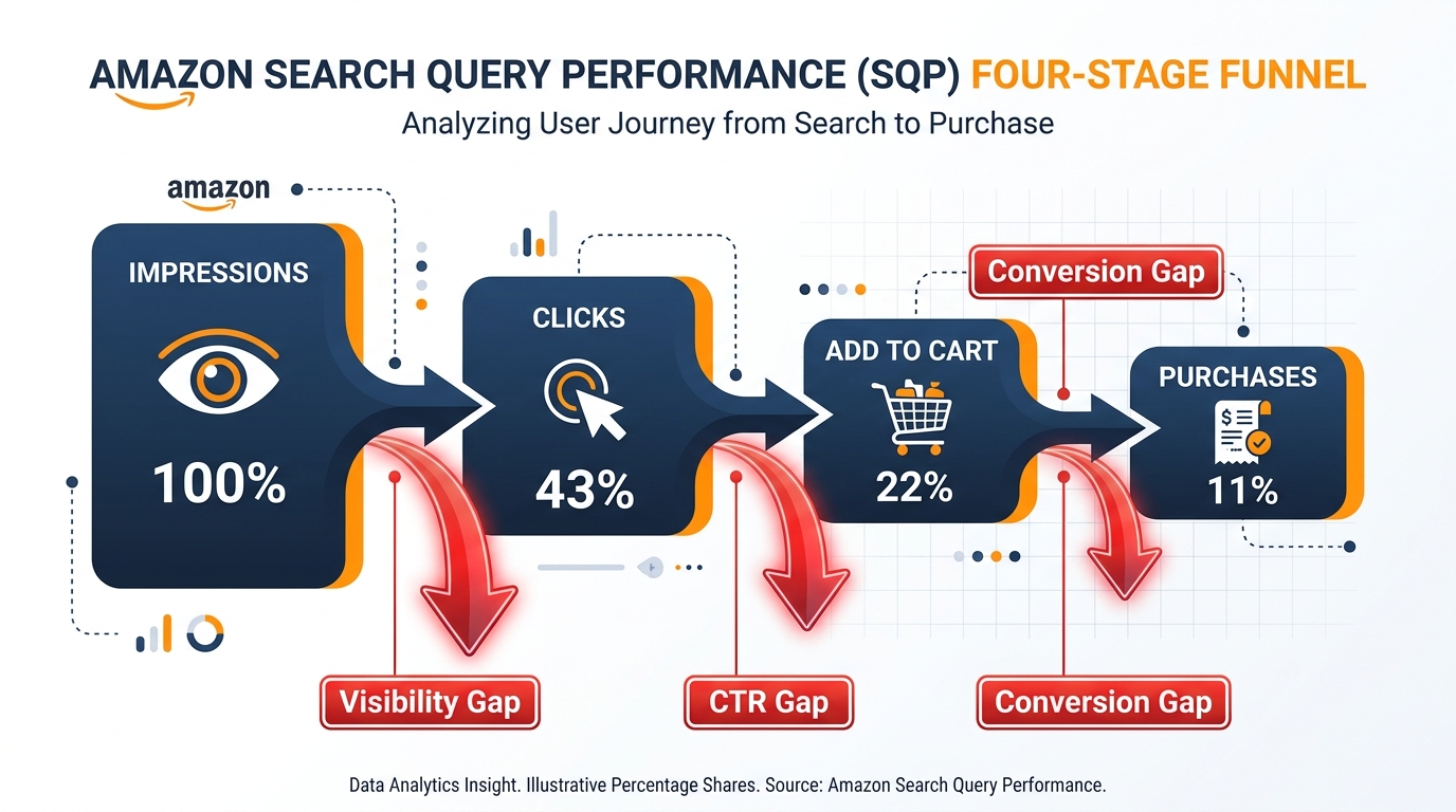 Amazon SQP funnel showing four stages: Impressions, Clicks, Add to Cart, Purchases with drop-off rates between each stage
