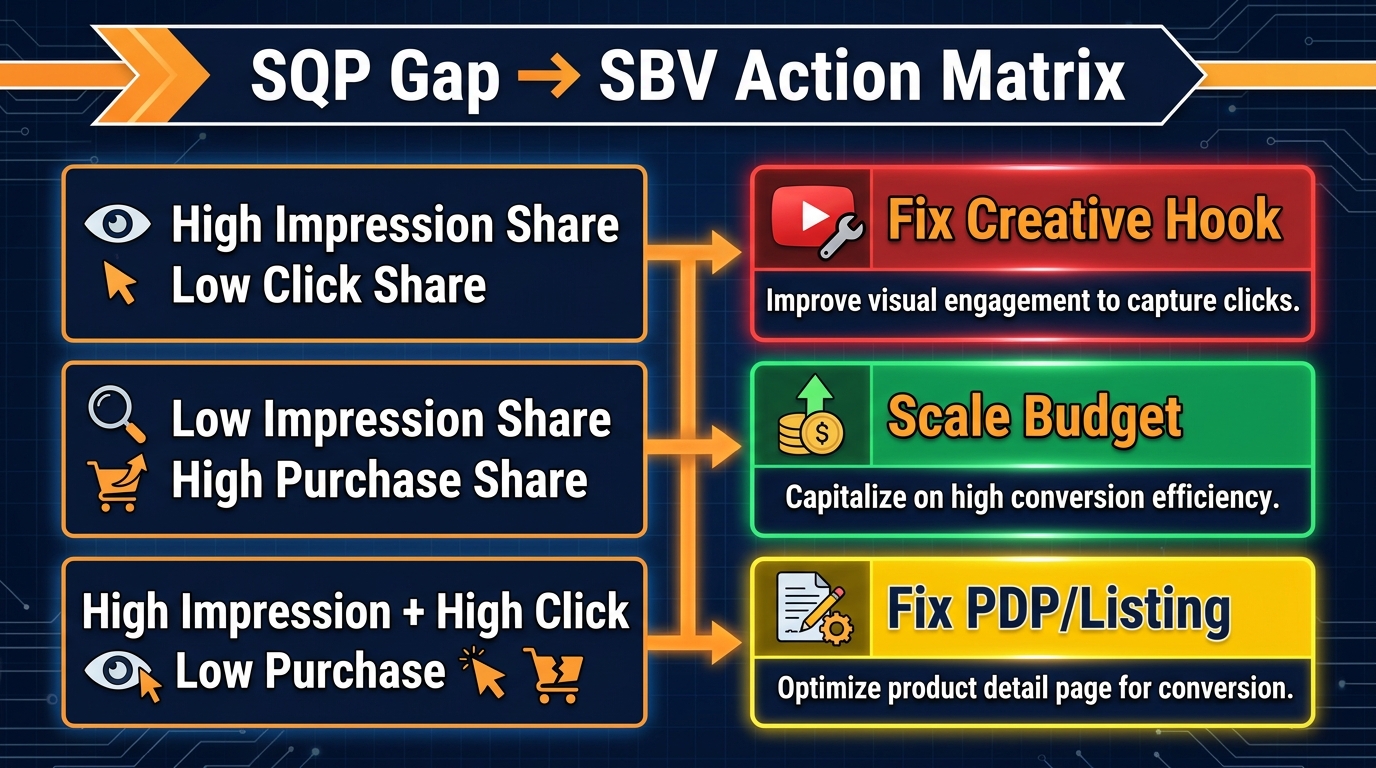 SQP Gap to SBV Action Matrix showing three gap types and their corresponding campaign responses