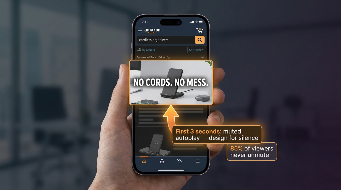 Smartphone showing SBV video ad with 'NO CORDS. NO MESS.' text overlay in first 3 seconds of muted autoplay