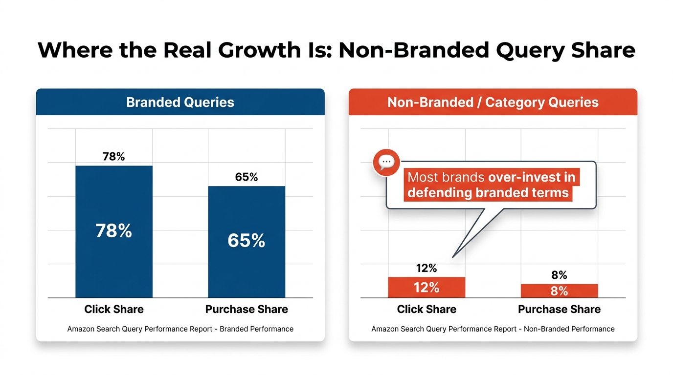 Branded vs non-branded query performance comparison showing high shares on branded terms and low shares on category terms
