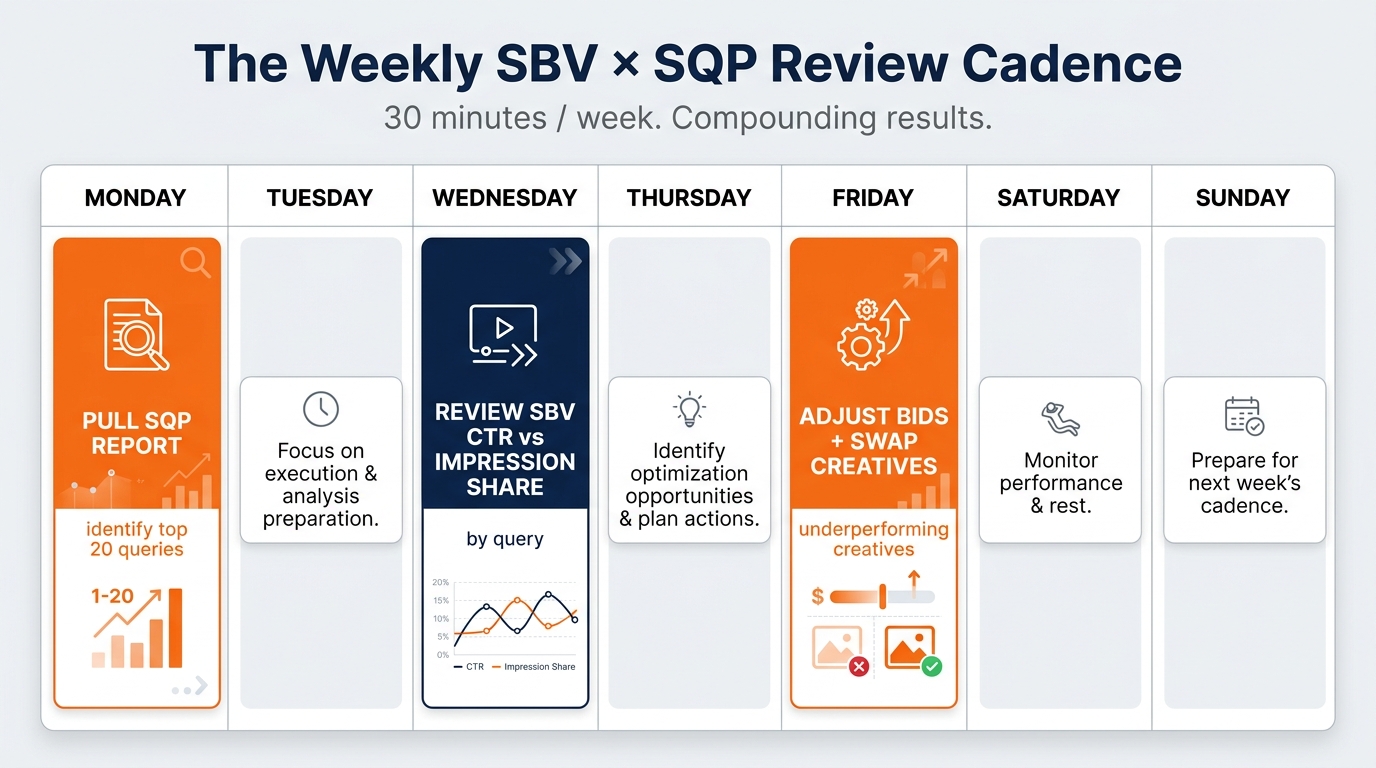 Weekly SBV and SQP review calendar showing Monday, Wednesday, and Friday tasks for Amazon advertisers