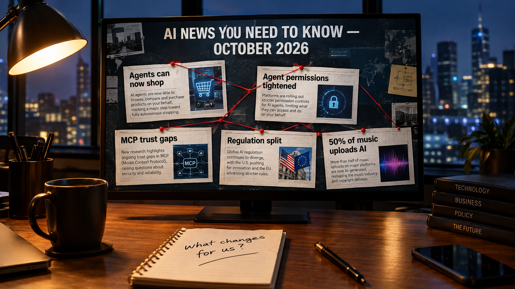 Newsroom investigation board titled AI News You Need to Know October 2026 with headline cards on agents shopping, permissions, MCP trust gaps, regulation and AI music