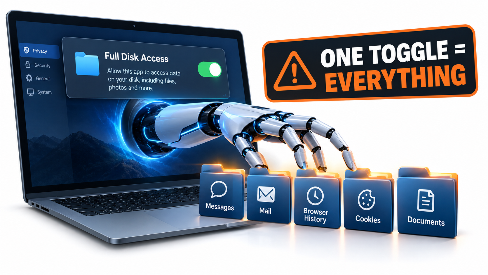 Laptop permission dialog for Full Disk Access switched on, with an AI hand reaching into folders labeled Messages, Mail, Browser History, Cookies and Documents, with a warning that one toggle equals everything