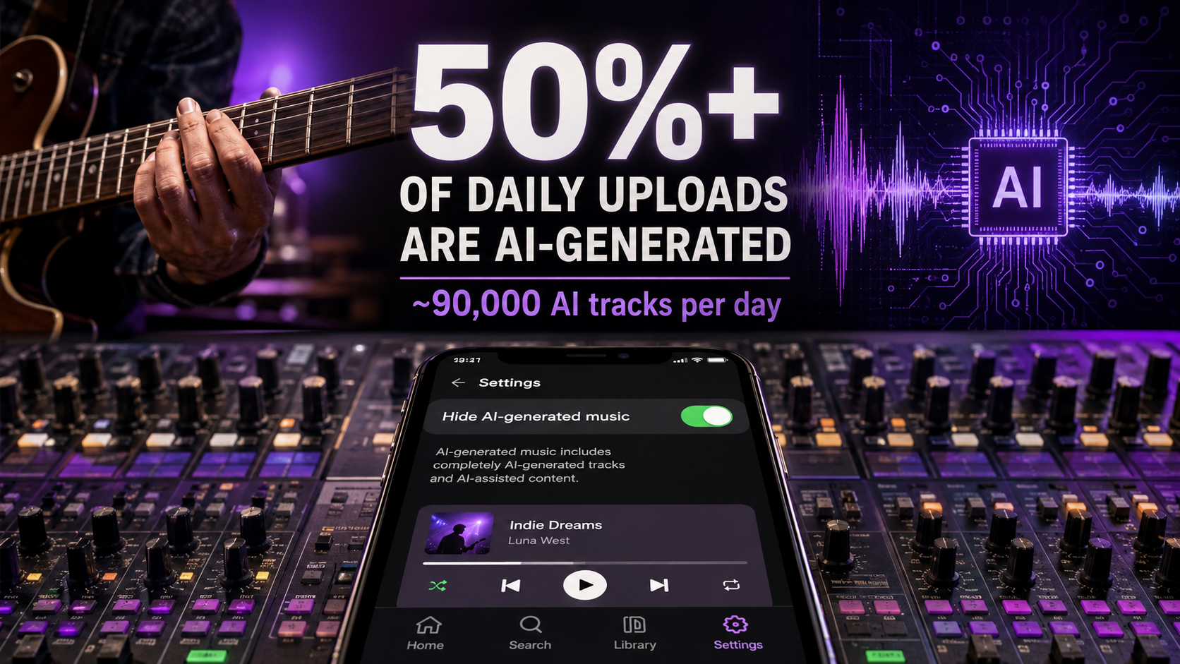 Music streaming app with a Hide AI-generated music toggle switched on, with a stat overlay that more than 50 percent of daily uploads are AI-generated, about 90,000 AI tracks per day