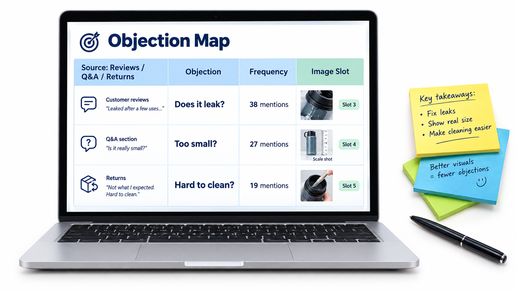 Laptop spreadsheet titled Objection Map listing customer objections by source and frequency mapped to specific Amazon image slots