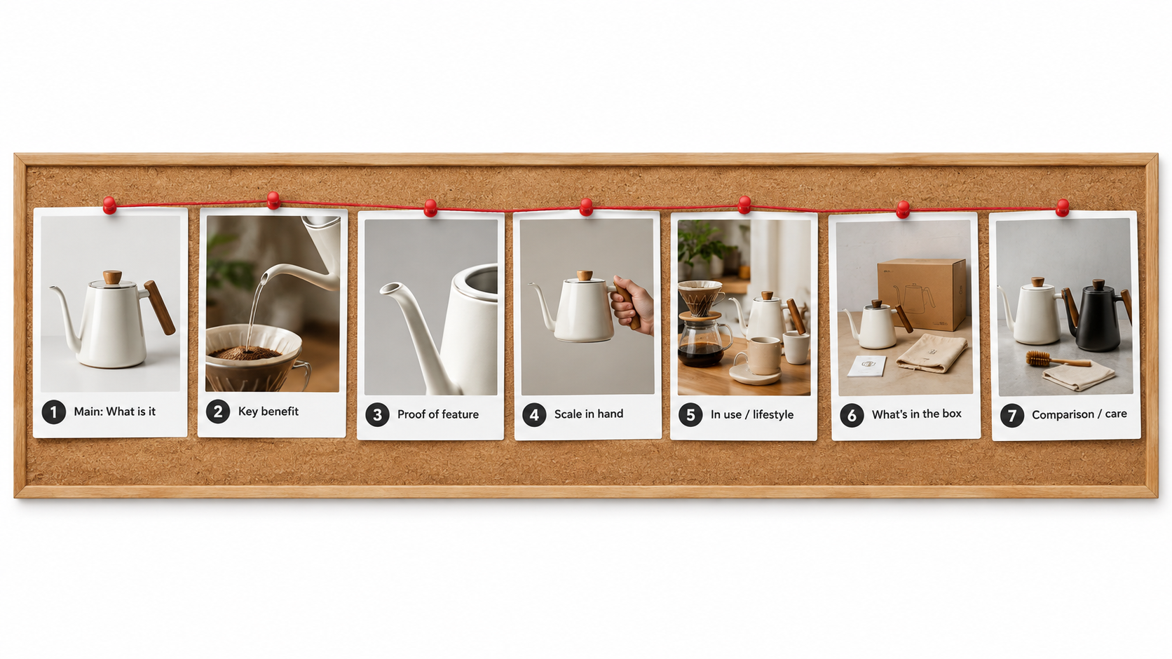 Corkboard storyboard of seven Amazon image cards for a coffee kettle, each labeled with its job from main image to comparison and care