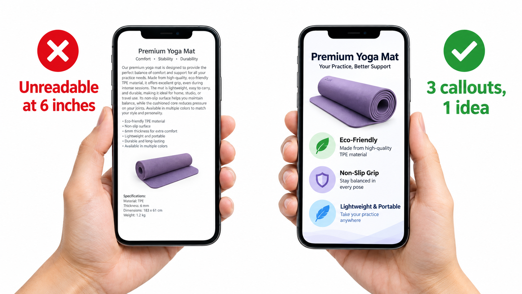 Hand holding a phone comparing a cluttered yoga mat infographic marked unreadable at arm's length with a clean version using three large callouts