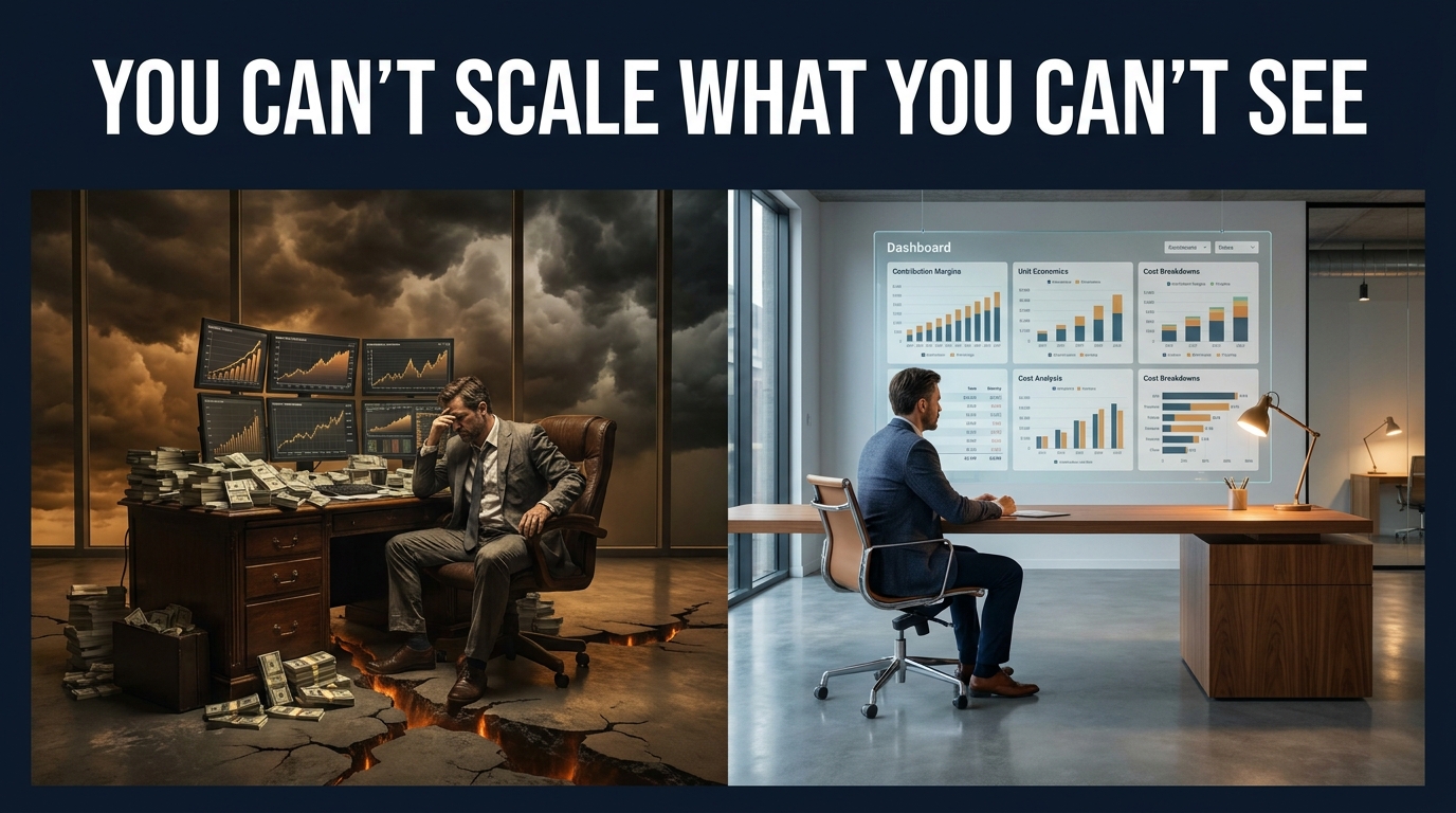 Split-screen showing revenue confusion on left versus clear profit visibility dashboard on right — You Can't Scale What You Can't See