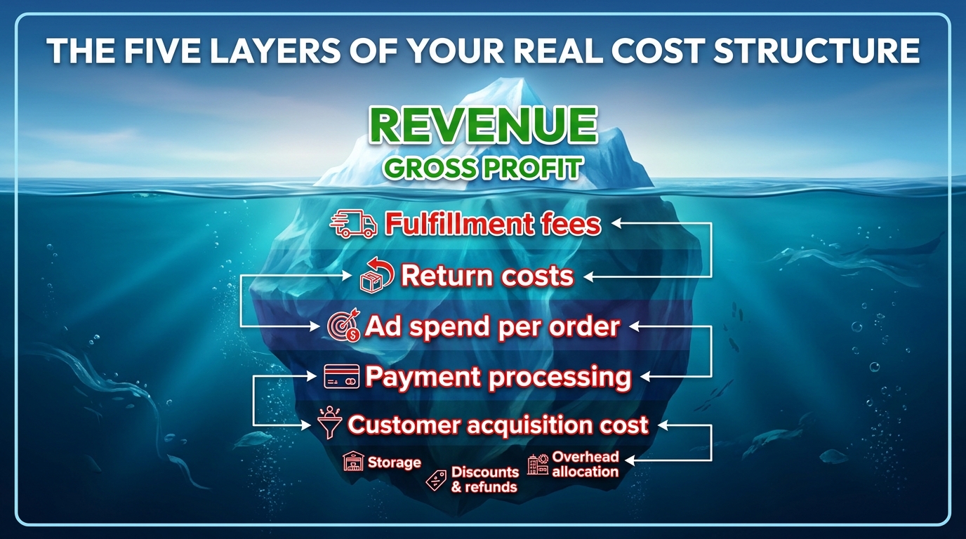 Iceberg infographic showing the five layers of a real cost structure — revenue visible above water, hidden costs submerged below