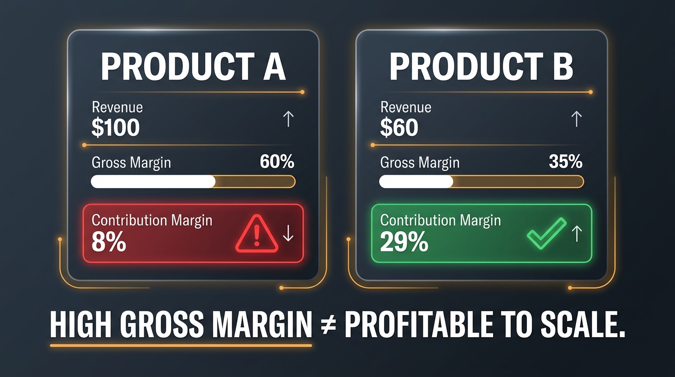 Comparison chart showing Product A with high gross margin but low contribution margin versus Product B with lower gross margin but much higher contribution margin