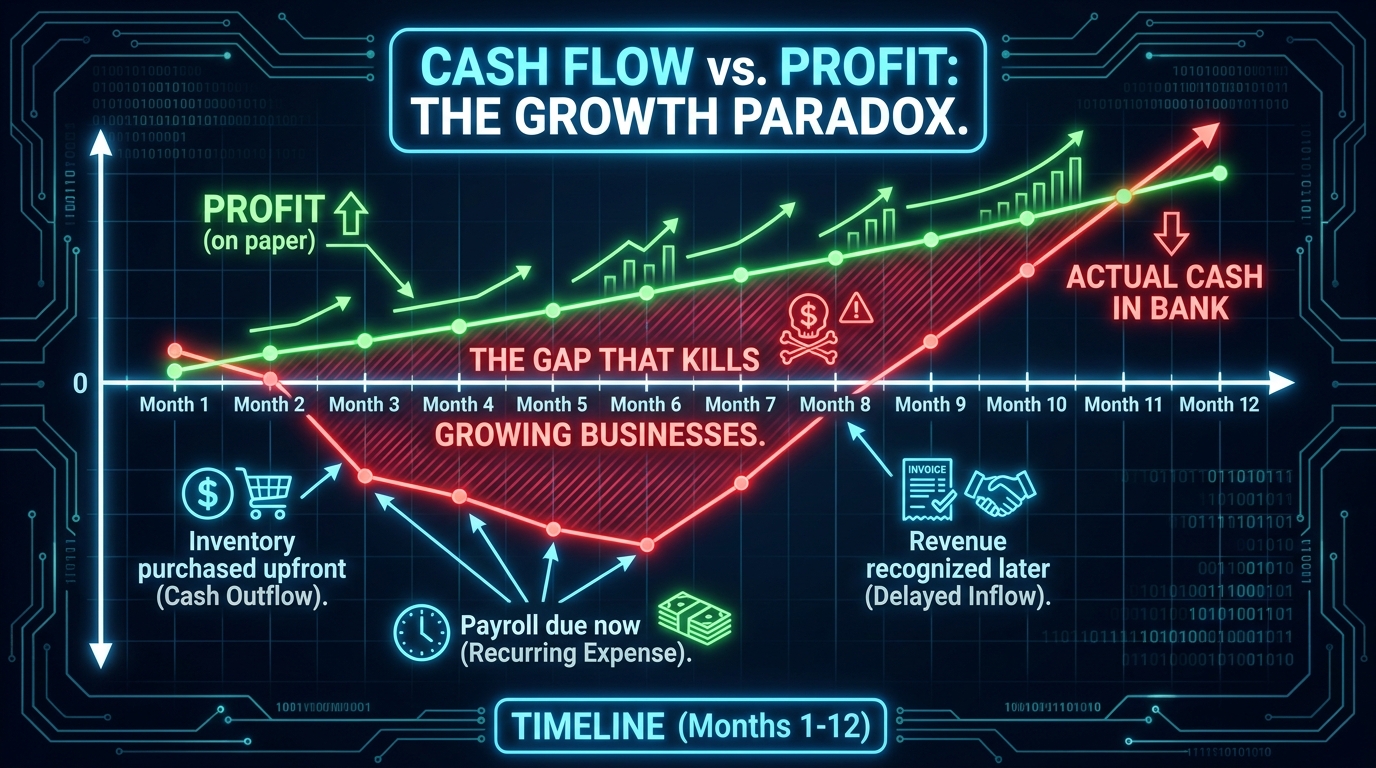 Chart showing the dangerous gap between paper profit and actual cash in the bank during a business growth phase