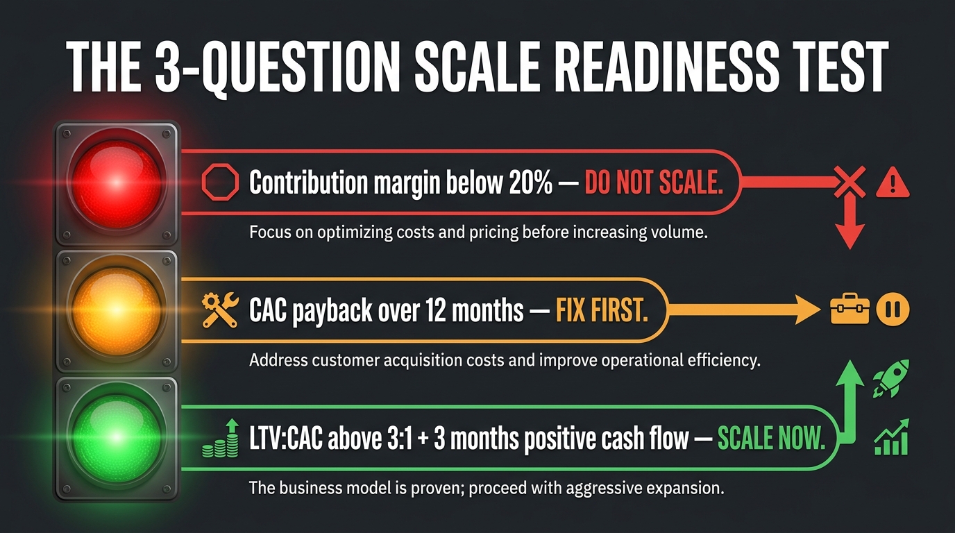 Traffic light framework for scale readiness — red for contribution margin below 20%, amber for CAC payback over 12 months, green for LTV:CAC above 3:1 with positive cash flow
