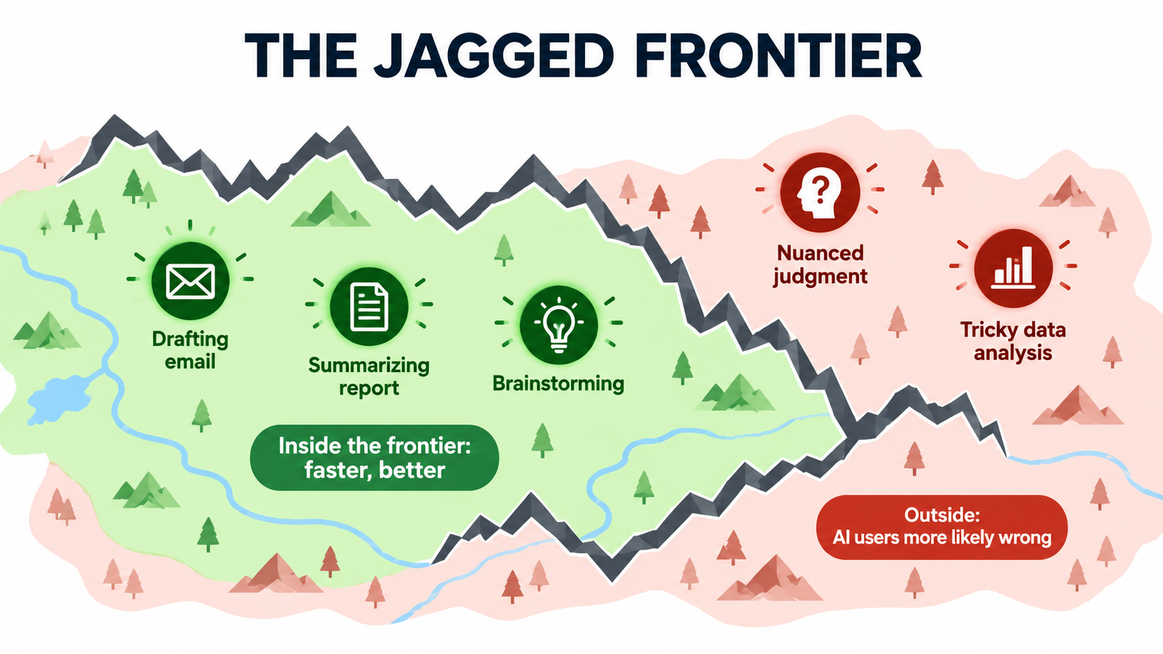 Map-style illustration of the jagged frontier of AI, with drafting, summarizing and brainstorming tasks inside the boundary and nuanced judgment and tricky analysis tasks outside it
