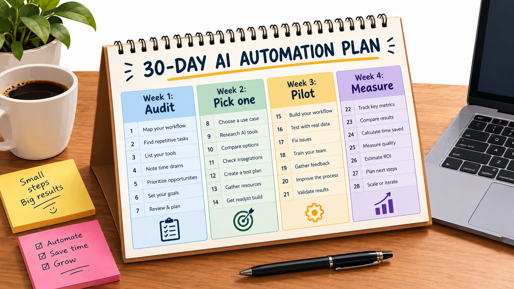 Wall calendar on a desk showing a 30-day AI automation plan: week one audit, week two pick one workflow, week three pilot, week four measure