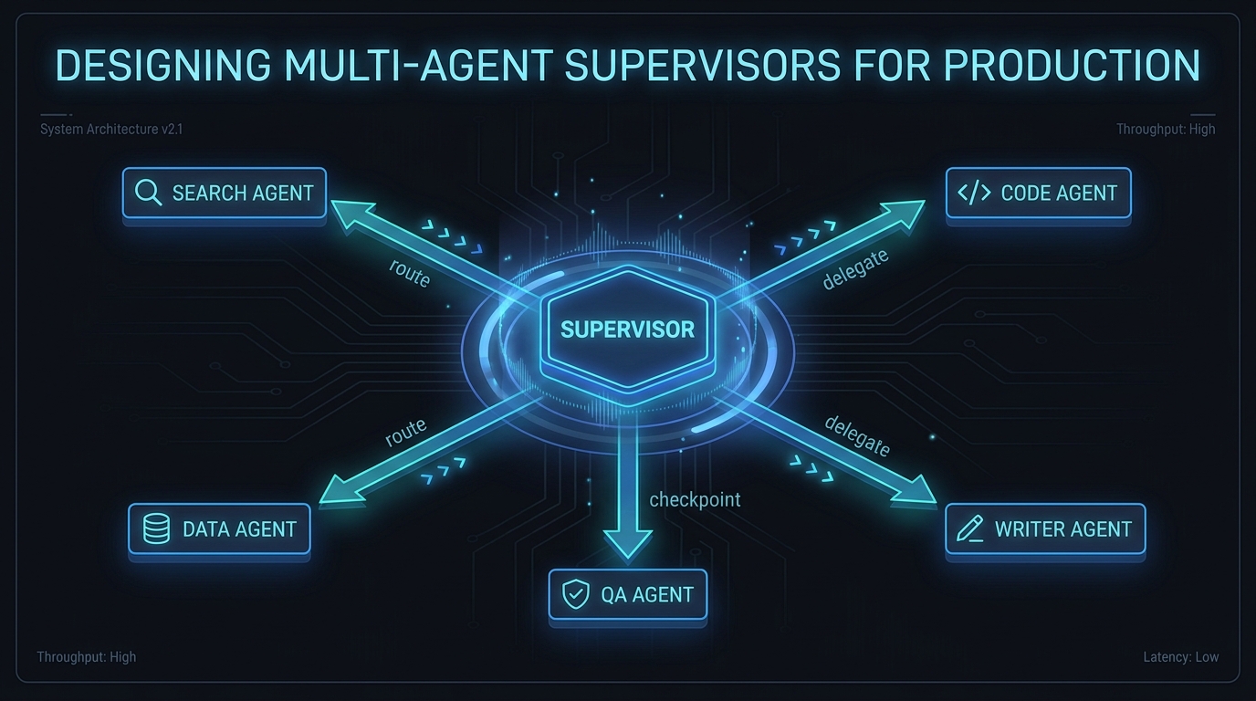 Multi-agent supervisor architecture diagram showing central supervisor node connected to specialist worker agents — Search, Code, Data, QA, and Writer — with routing and delegation arrows