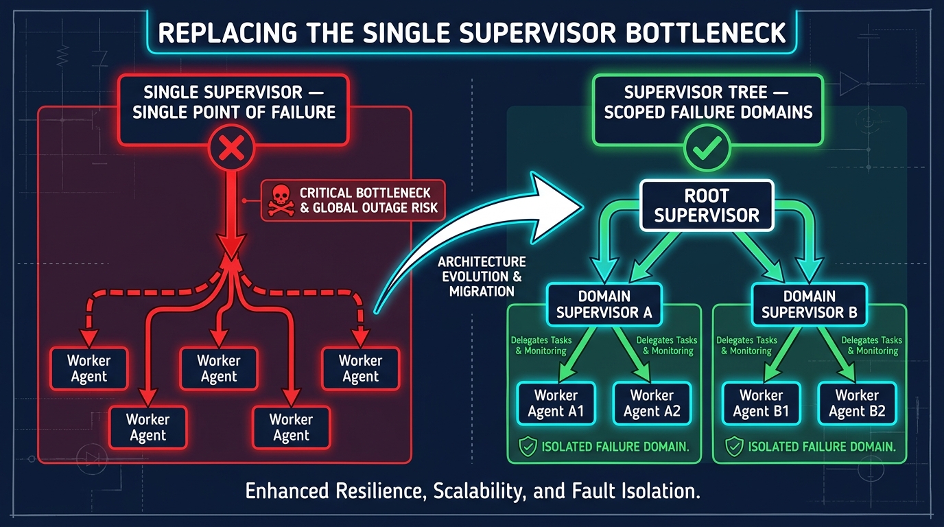 Architecture comparison: single global supervisor labeled as single point of failure on the left versus a tree-structured supervisor hierarchy with scoped failure domains on the right