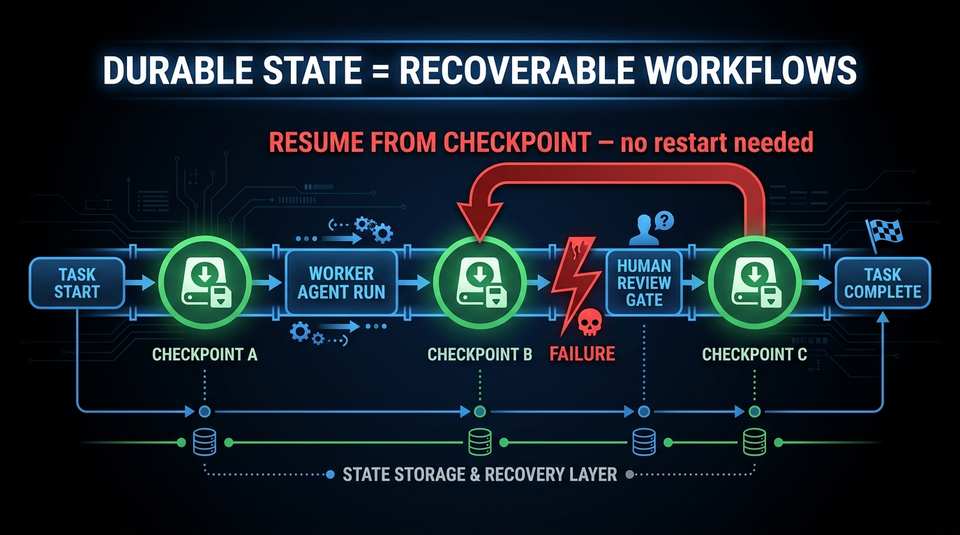 Pipeline diagram showing durable checkpointing at each workflow stage with a failure recovery arrow looping back to the last checkpoint, labeled: Durable State = Recoverable Workflows