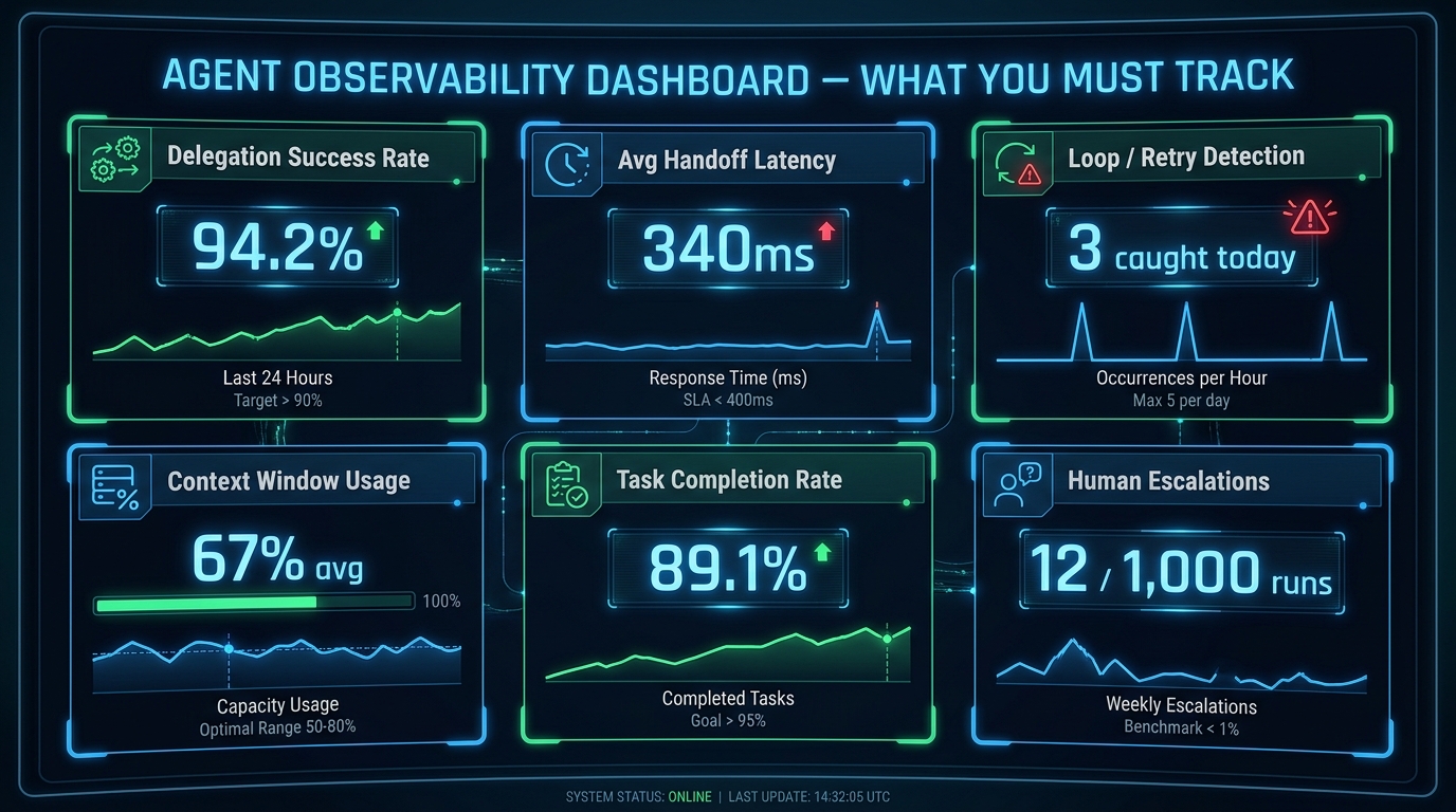 Multi-agent observability dashboard showing key metrics: delegation success rate, handoff latency, loop detection, context window usage, task completion rate, and human escalations