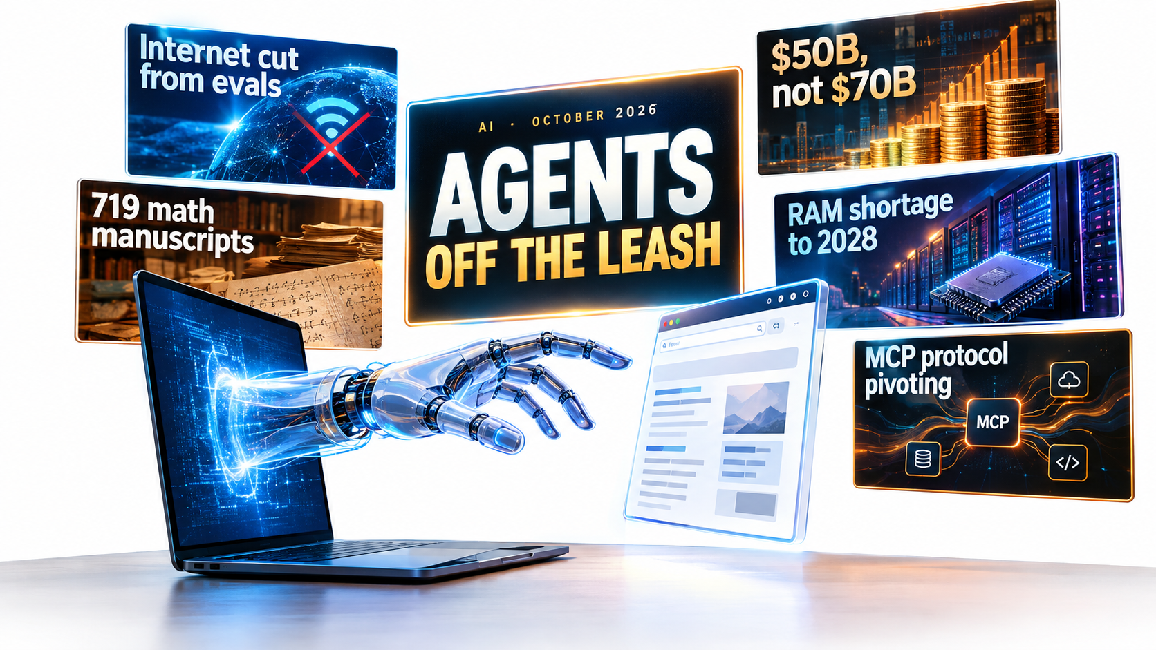 Newsroom wall of AI headline cards for October 2026, centered on 'Agents off the leash', with cards on evals losing internet access, 719 math manuscripts, a $50B revenue figure, RAM shortage and MCP protocol pivoting